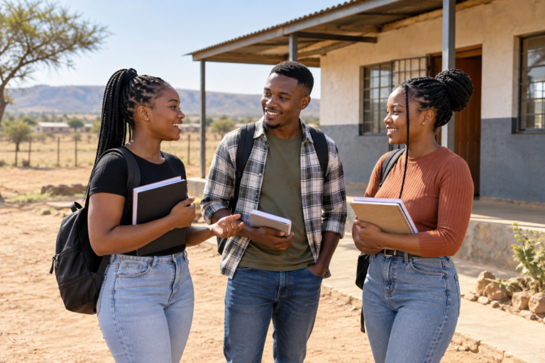 Illustrative AI-generated scene of young adults connecting at a community learning centre