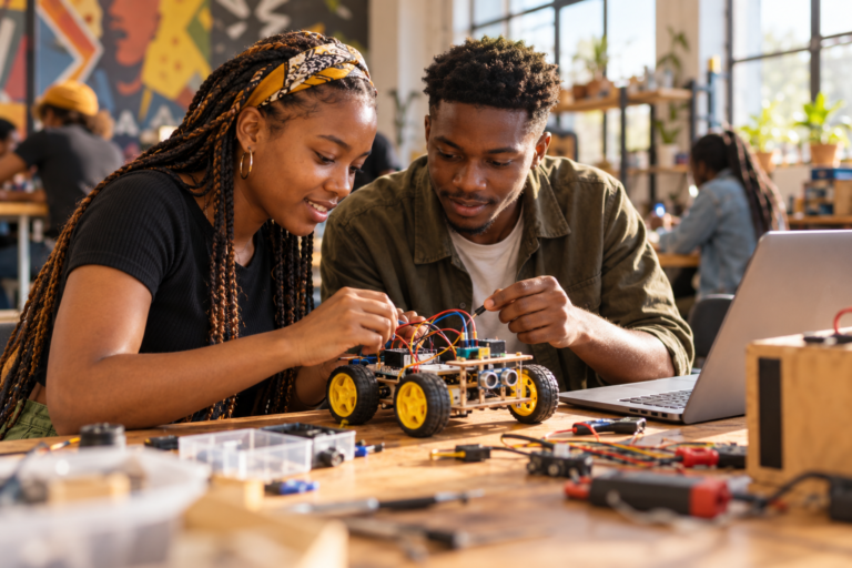 Illustrative AI-generated scene of young adults exploring a robotics kit