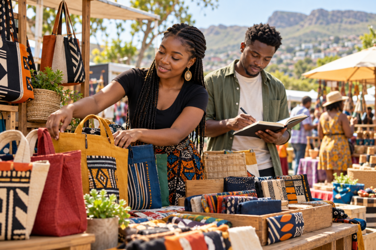 Illustrative AI-generated scene of a young entrepreneur at a local market