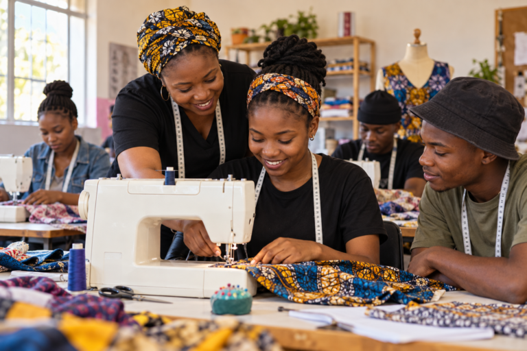 Illustrative AI-generated scene of young adults learning sewing and garment-making